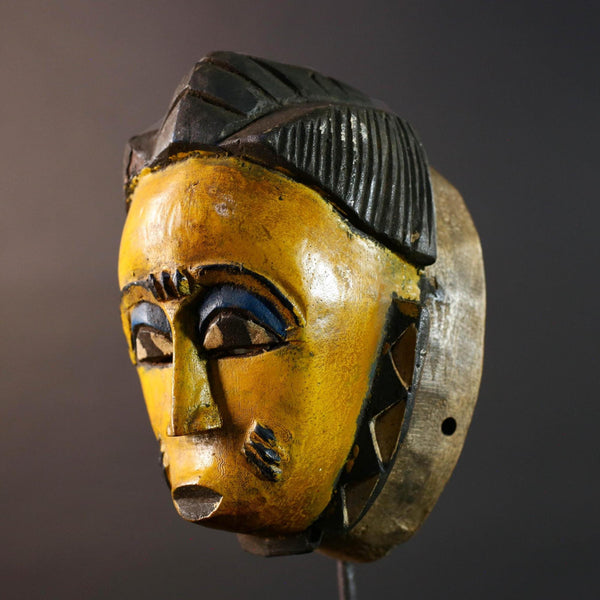 African Baule mask yellow face carved wood mask with blue eyelids tribal portrait decor scarification marks wall art handmade G5506