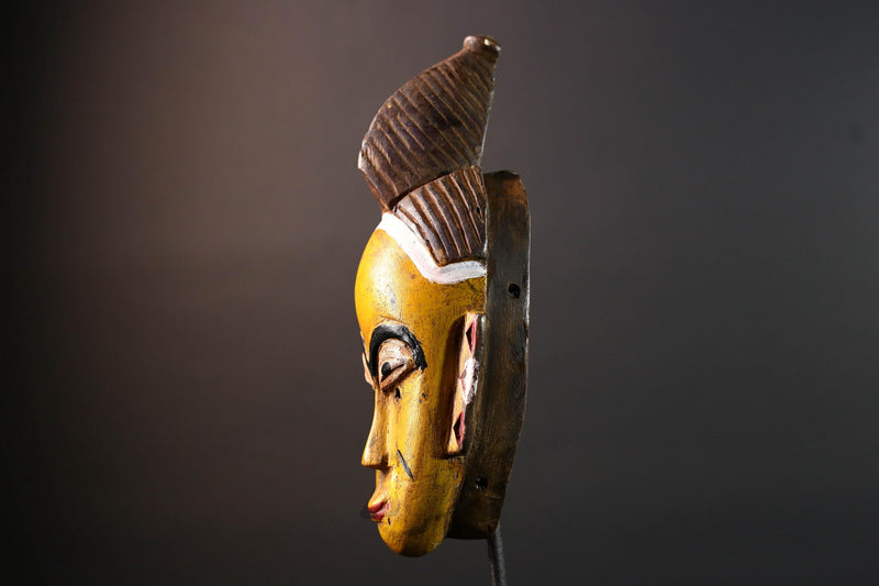 Yellow African tribal mask hand carved wood wall sculpture with cowrie shells leather crest folk figure symbolic ethnic home decor-G5522