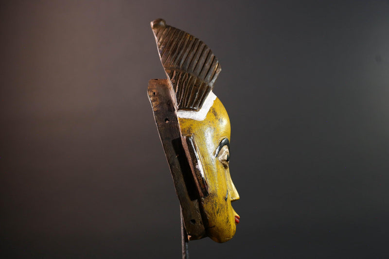 Yellow African tribal mask hand carved wood wall sculpture with cowrie shells leather crest folk figure symbolic ethnic home decor-G5522