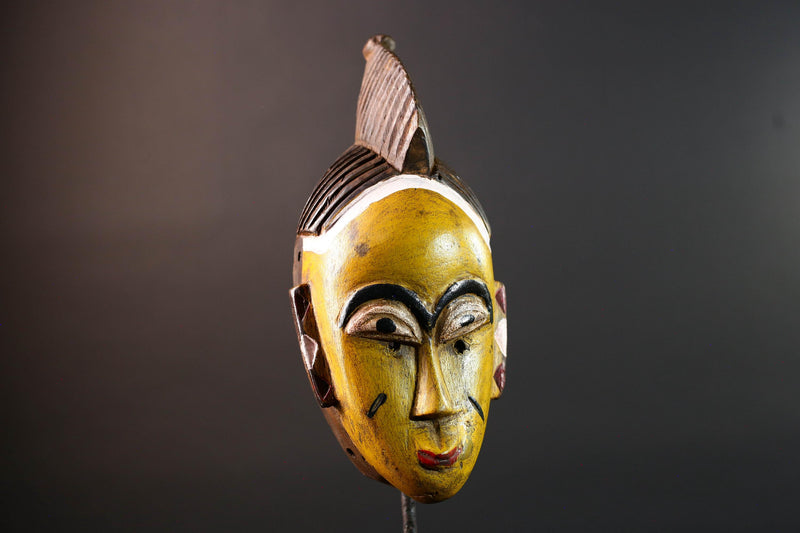 Yellow African tribal mask hand carved wood wall sculpture with cowrie shells leather crest folk figure symbolic ethnic home decor-G5522