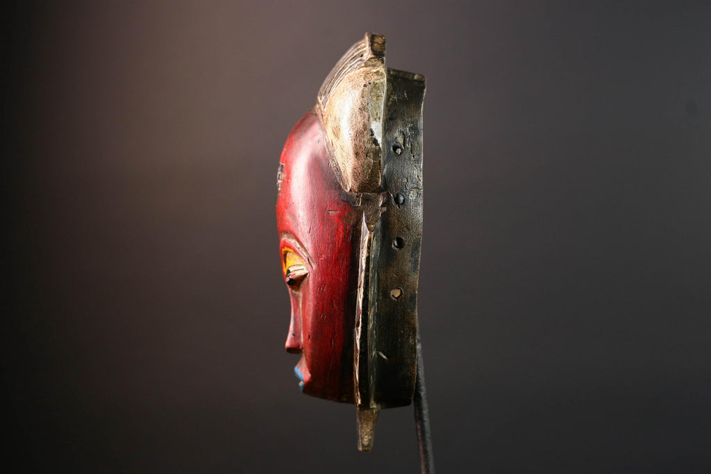 Red African face mask Baule carved wood tribal art wall sculpture with cross scarifications domed crest symbolic ethnic home decor-G5521