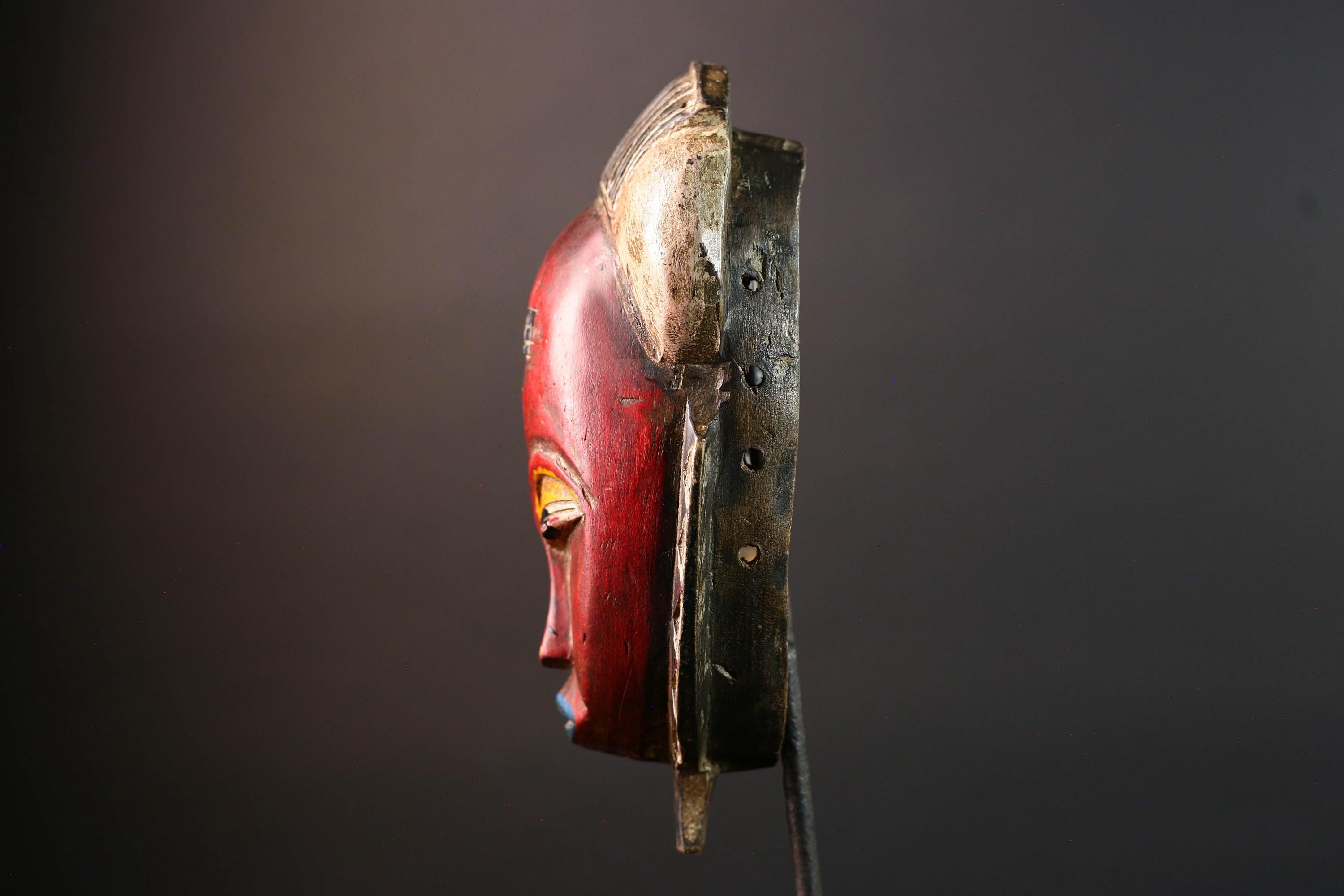 Red African face mask Baule carved wood tribal art wall sculpture with cross scarifications domed crest symbolic ethnic home decor-G5521