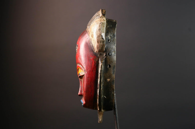 Red African face mask Baule carved wood tribal art wall sculpture with cross scarifications domed crest symbolic ethnic home decor-G5521