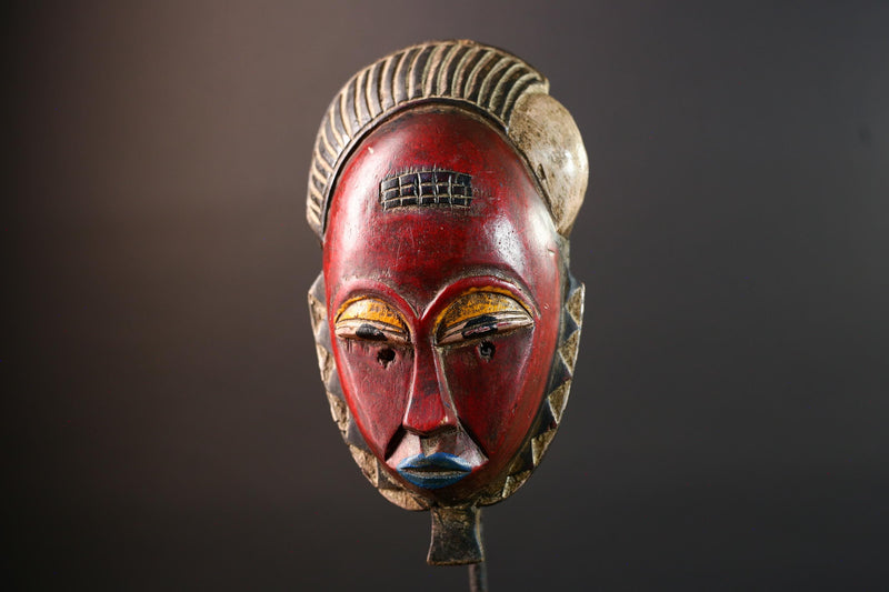 Red African face mask Baule carved wood tribal art wall sculpture with cross scarifications domed crest symbolic ethnic home decor-G5521