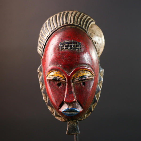 Red African face mask Baule carved wood tribal art wall sculpture with cross scarifications domed crest symbolic ethnic home decor-G5521