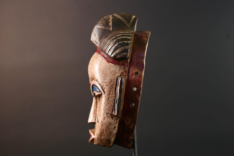 African tribal mask Baule carved wood wall decor with scarification red lips blue brows ivory tone artisan spiritual face sculpture-G5520