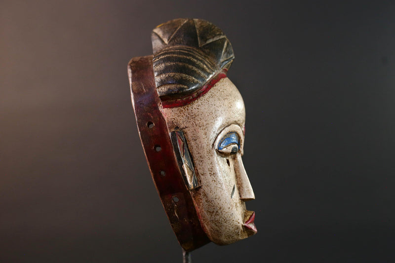 African tribal mask Baule carved wood wall decor with scarification red lips blue brows ivory tone artisan spiritual face sculpture-G5520