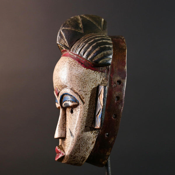 African tribal mask Baule carved wood wall decor with scarification red lips blue brows ivory tone artisan spiritual face sculpture-G5520