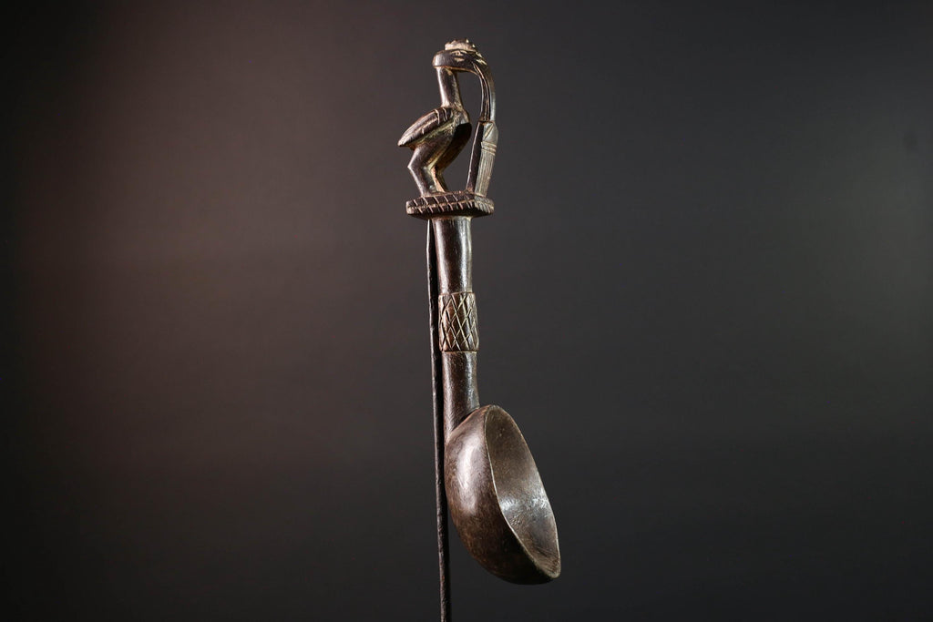 African tribal spoon carved wood wall decor with bird finial deep bowl sculptural handle rustic tribal artwork symbolic display-G5514