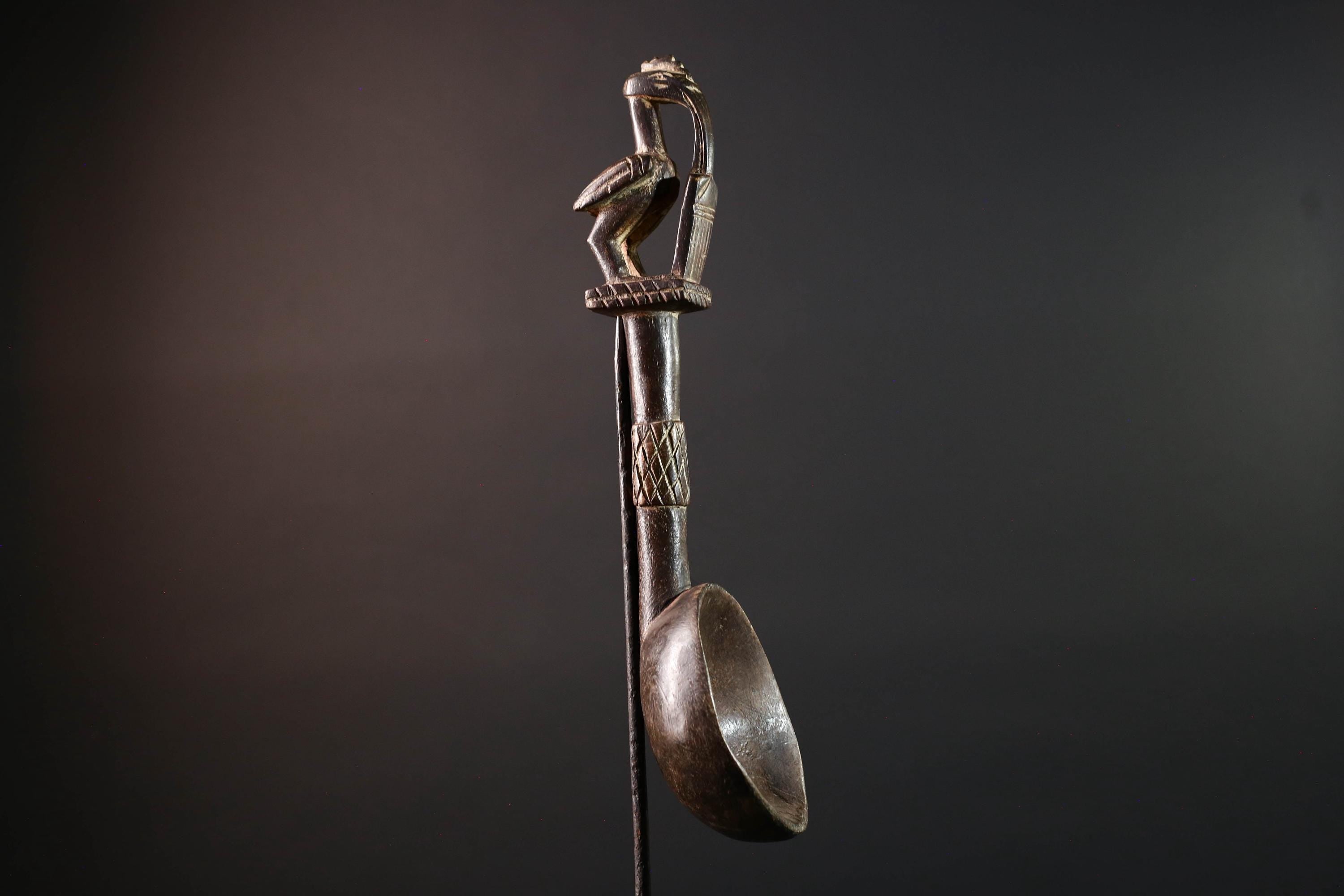 African tribal spoon carved wood wall decor with bird finial deep bowl sculptural handle rustic tribal artwork symbolic display-G5514