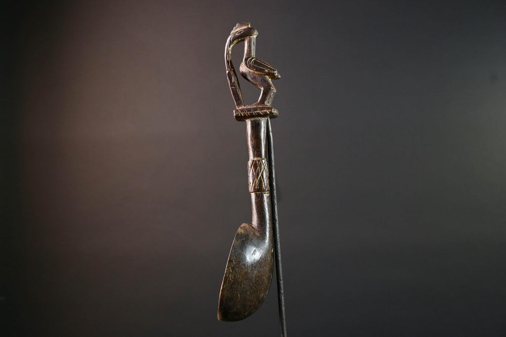 African tribal spoon carved wood wall decor with bird finial deep bowl sculptural handle rustic tribal artwork symbolic display-G5514