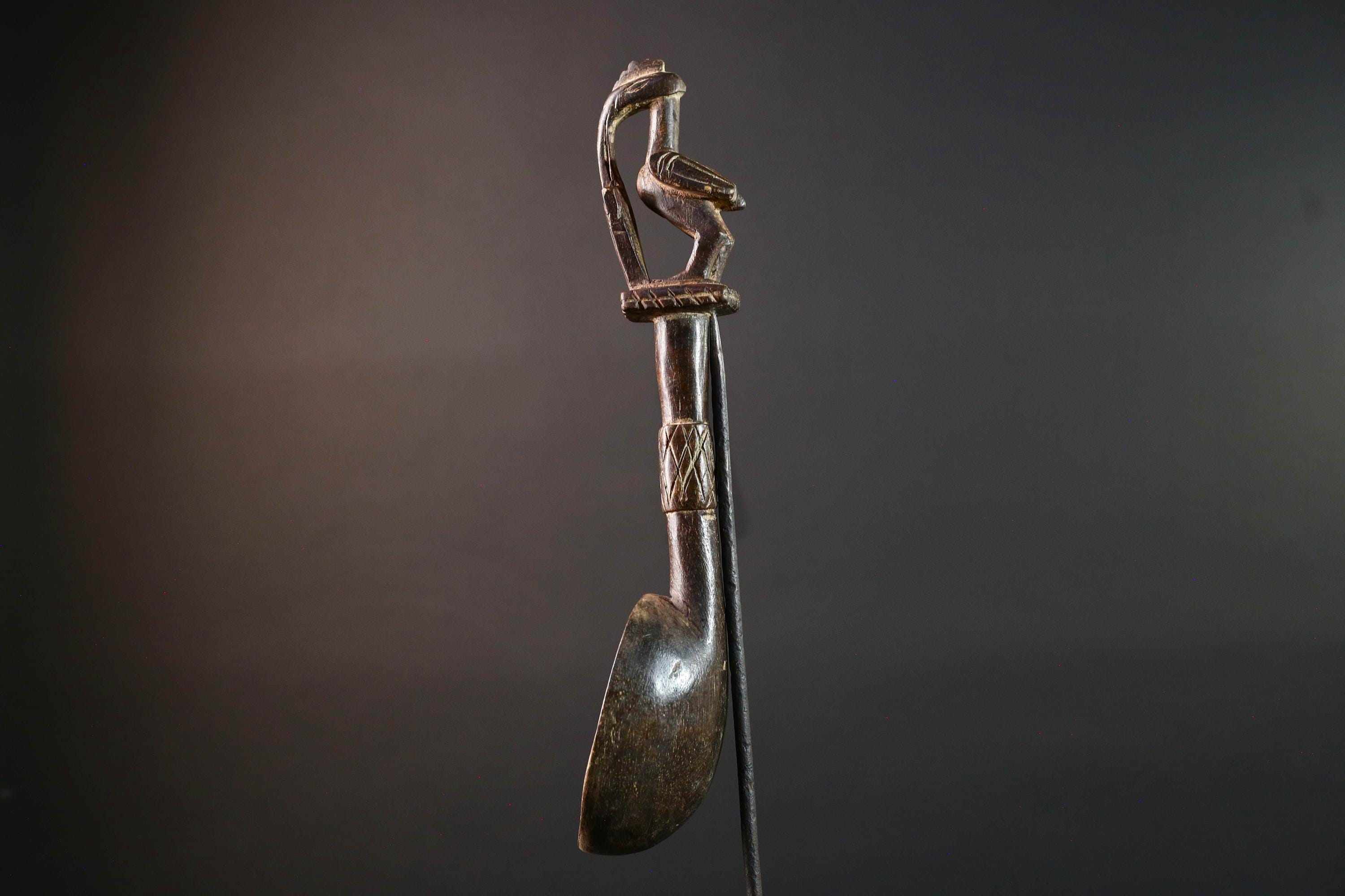 African tribal spoon carved wood wall decor with bird finial deep bowl sculptural handle rustic tribal artwork symbolic display-G5514