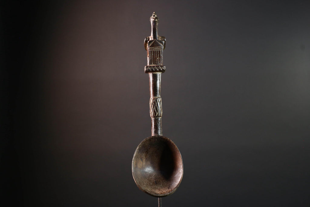 African tribal spoon carved wood wall decor with bird finial deep bowl sculptural handle rustic tribal artwork symbolic display-G5514