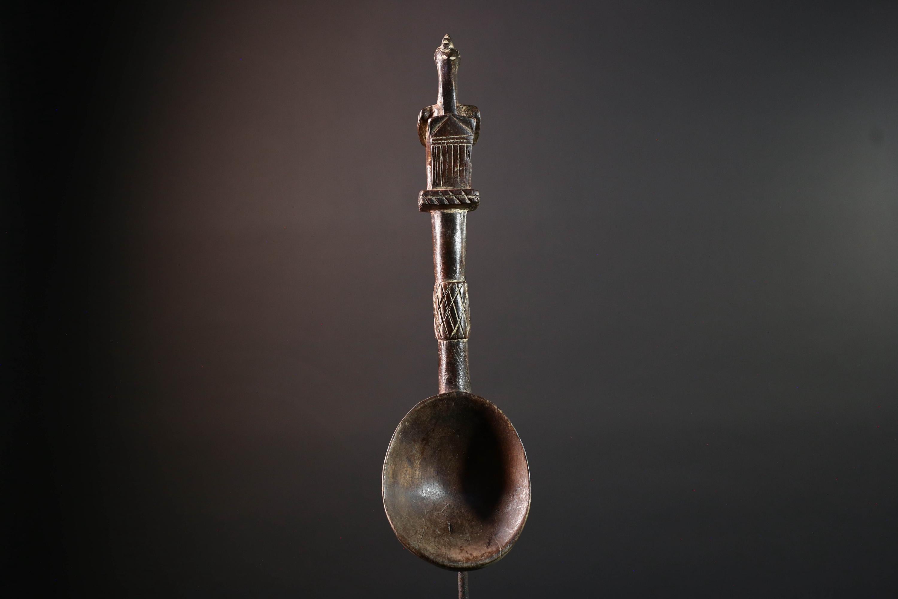 African tribal spoon carved wood wall decor with bird finial deep bowl sculptural handle rustic tribal artwork symbolic display-G5514
