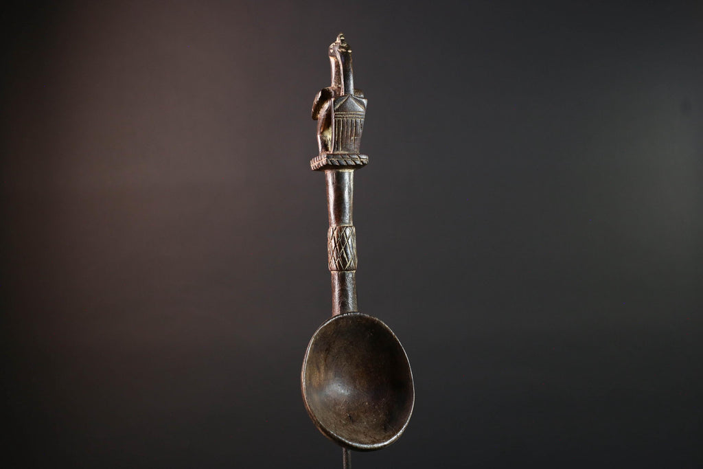 African tribal spoon carved wood wall decor with bird finial deep bowl sculptural handle rustic tribal artwork symbolic display-G5514