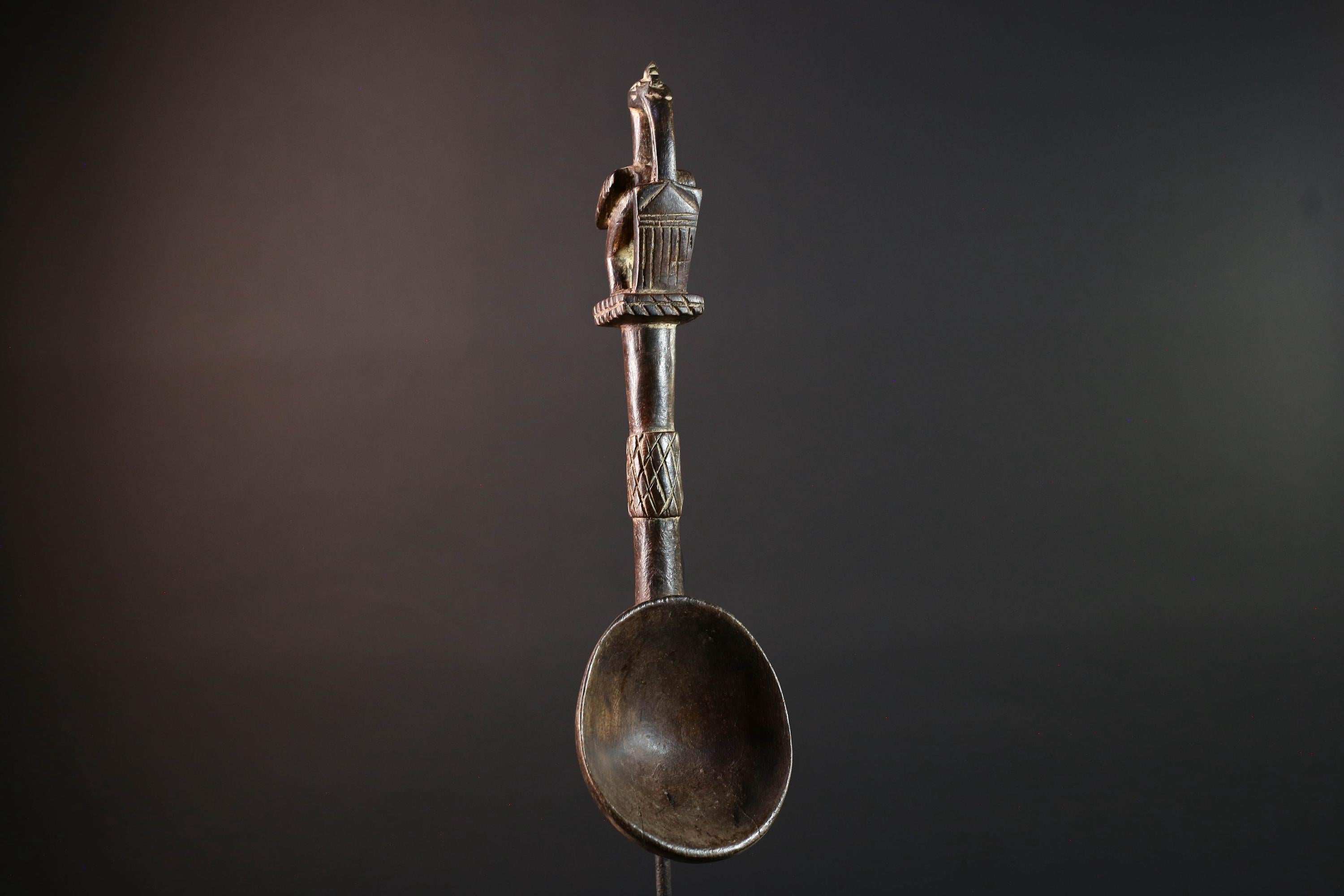 African tribal spoon carved wood wall decor with bird finial deep bowl sculptural handle rustic tribal artwork symbolic display-G5514