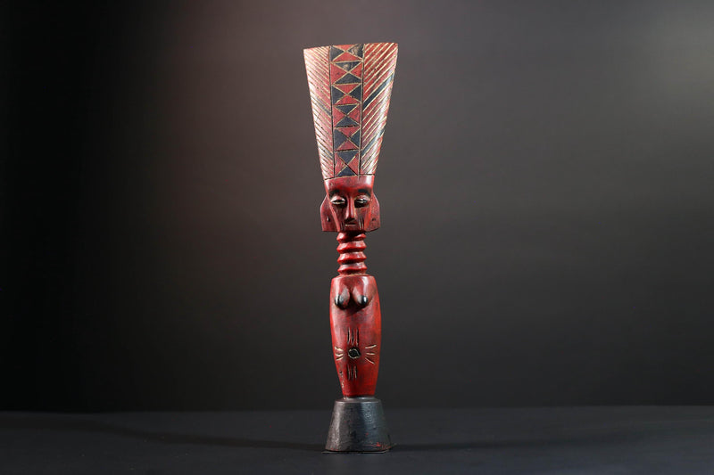 African tribal sculpture female carved wood art red body scarified belly geometric hair crest rustic fertility decor ethnic figure-G5513