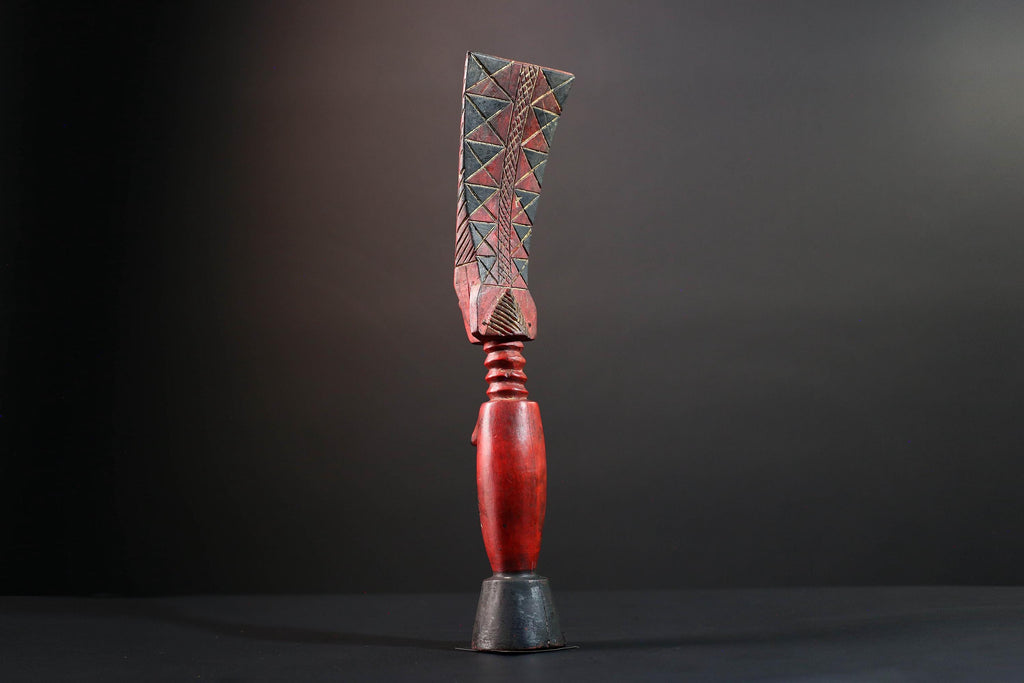 African tribal sculpture female carved wood art red body scarified belly geometric hair crest rustic fertility decor ethnic figure-G5513