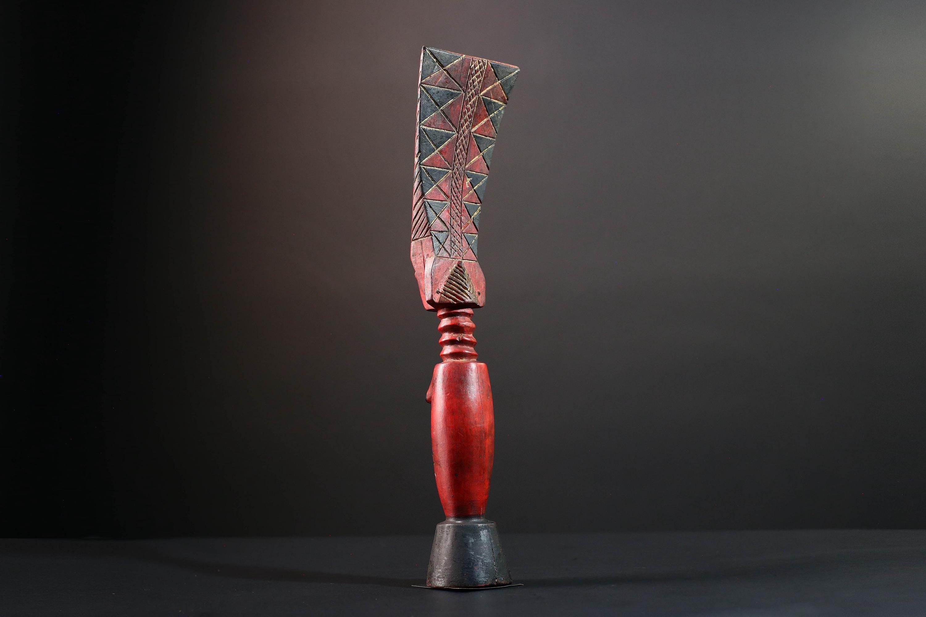African tribal sculpture female carved wood art red body scarified belly geometric hair crest rustic fertility decor ethnic figure-G5513