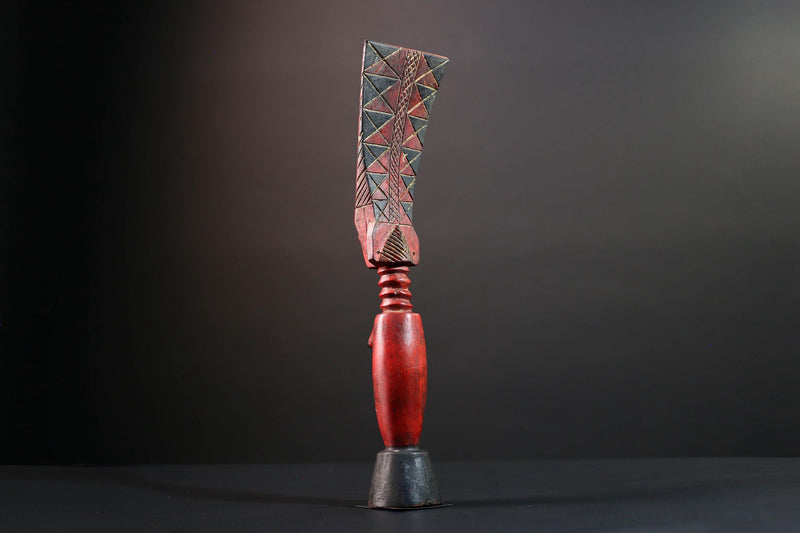 African tribal sculpture female carved wood art red body scarified belly geometric hair crest rustic fertility decor ethnic figure-G5513
