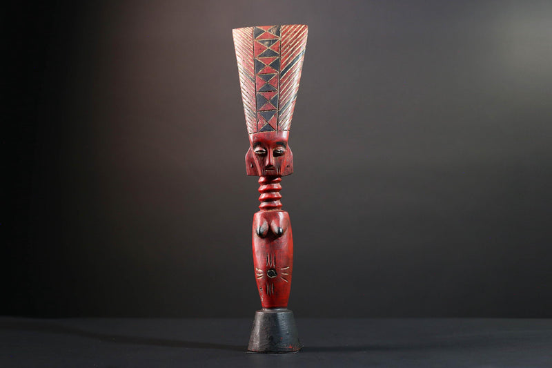 African tribal sculpture female carved wood art red body scarified belly geometric hair crest rustic fertility decor ethnic figure-G5513