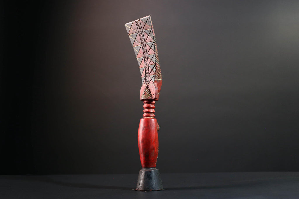 African tribal sculpture female carved wood art red body scarified belly geometric hair crest rustic fertility decor ethnic figure-G5513