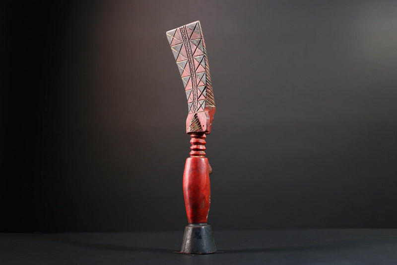 African tribal sculpture female carved wood art red body scarified belly geometric hair crest rustic fertility decor ethnic figure-G5513