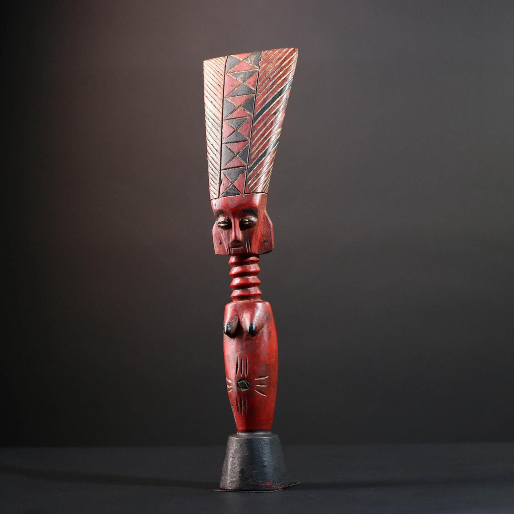 African tribal sculpture female carved wood art red body scarified belly geometric hair crest rustic fertility decor ethnic figure-G5513