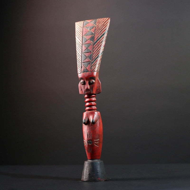 African tribal sculpture female carved wood art red body scarified belly geometric hair crest rustic fertility decor ethnic figure-G5513