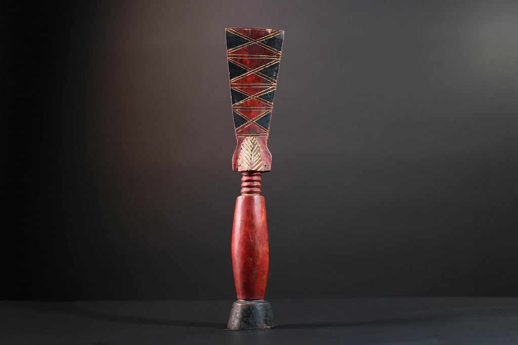 African tribal sculpture red carved wood woman figure scarified body tall crest geometric hair rustic fertility decor ethnic statue-G5512