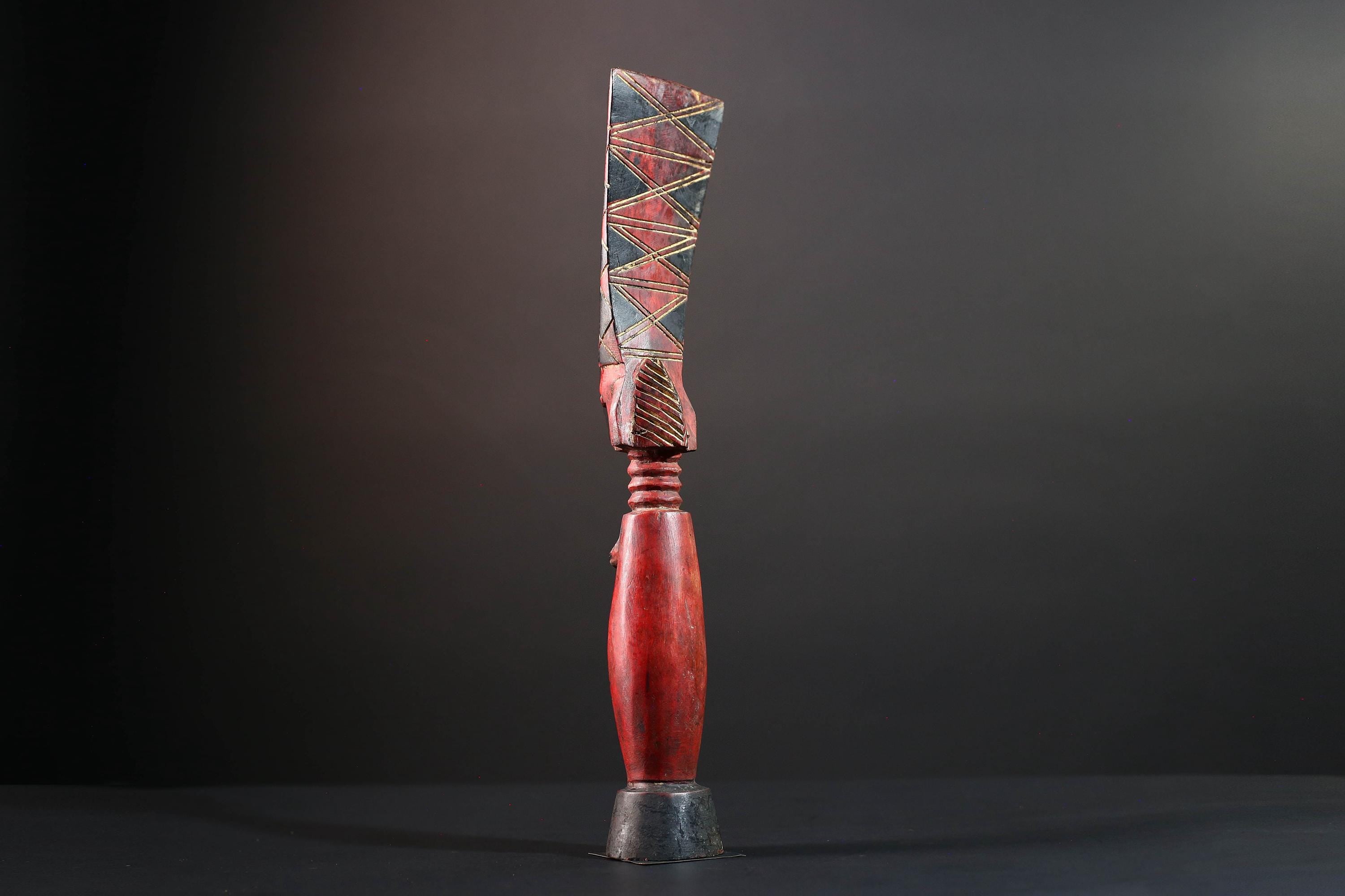 African tribal sculpture red carved wood woman figure scarified body tall crest geometric hair rustic fertility decor ethnic statue-G5512