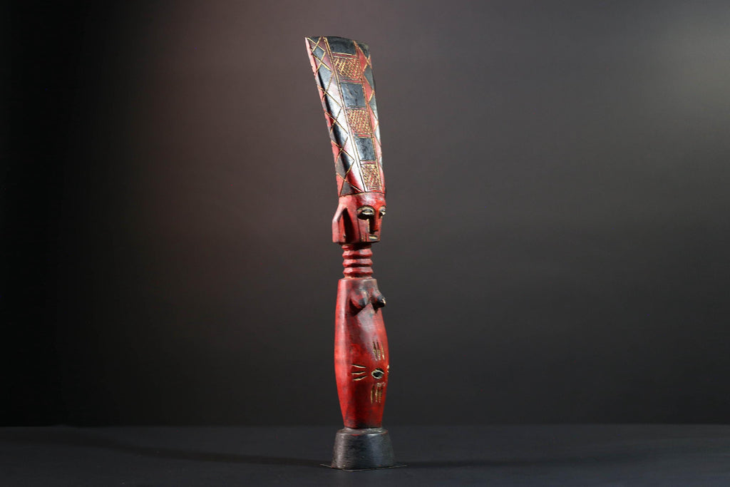African tribal sculpture red carved wood woman figure scarified body tall crest geometric hair rustic fertility decor ethnic statue-G5512