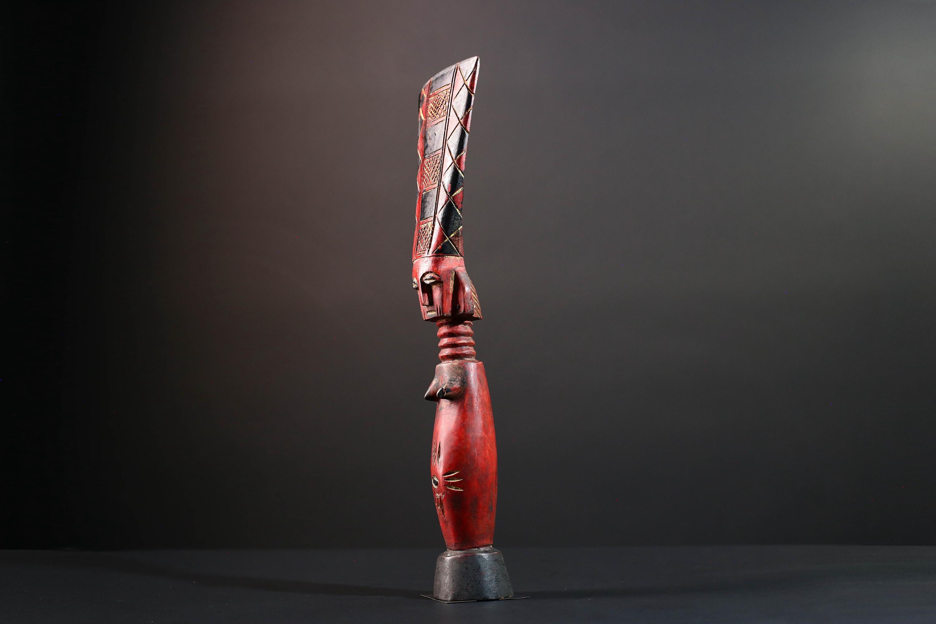 African tribal sculpture red carved wood woman figure scarified body tall crest geometric hair rustic fertility decor ethnic statue-G5512