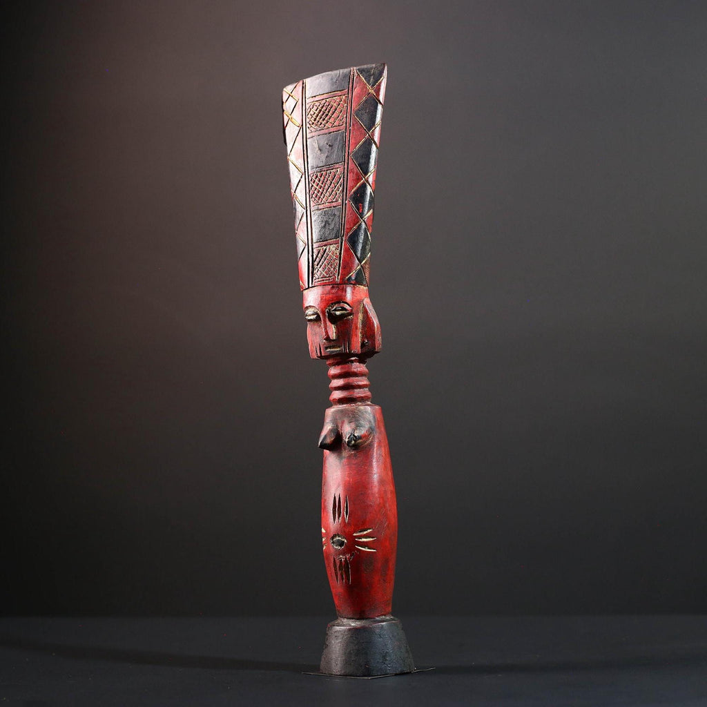 African tribal sculpture red carved wood woman figure scarified body tall crest geometric hair rustic fertility decor ethnic statue-G5512