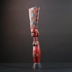 African tribal sculpture red carved wood woman figure scarified body tall crest geometric hair rustic fertility decor ethnic statue-G5512