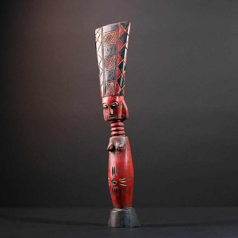 African tribal sculpture red carved wood woman figure scarified body tall crest geometric hair rustic fertility decor ethnic statue-G5512