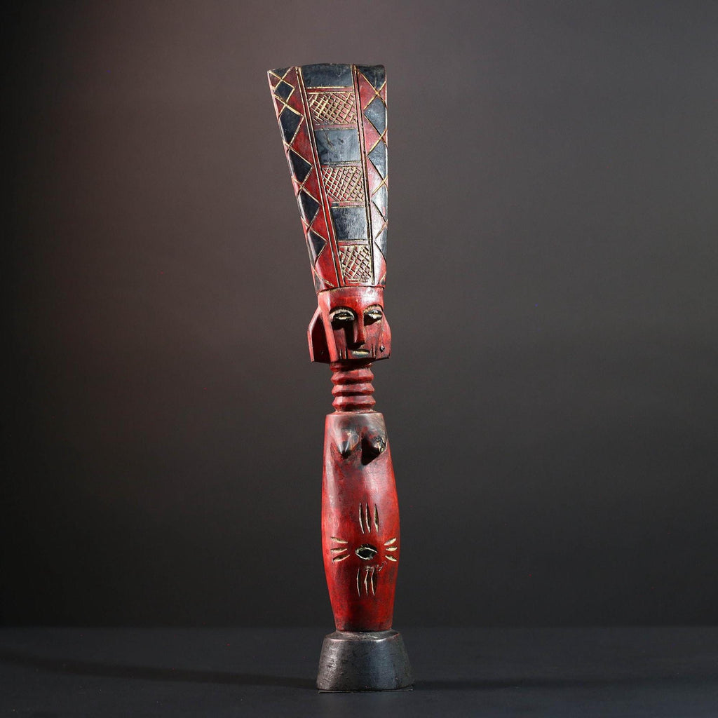 African tribal sculpture red carved wood woman figure scarified body tall crest geometric hair rustic fertility decor ethnic statue-G5512