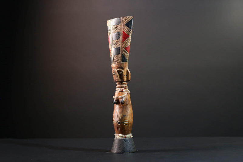 African carved sculpture tribal female wood statue scarified figure natural finish beaded waist crest art fertility ethnic decor-G5511