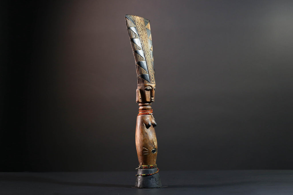 African tribal sculpture hand carved wood figure Baule decor fertility statue cultural home accent tall crest art display-G5510