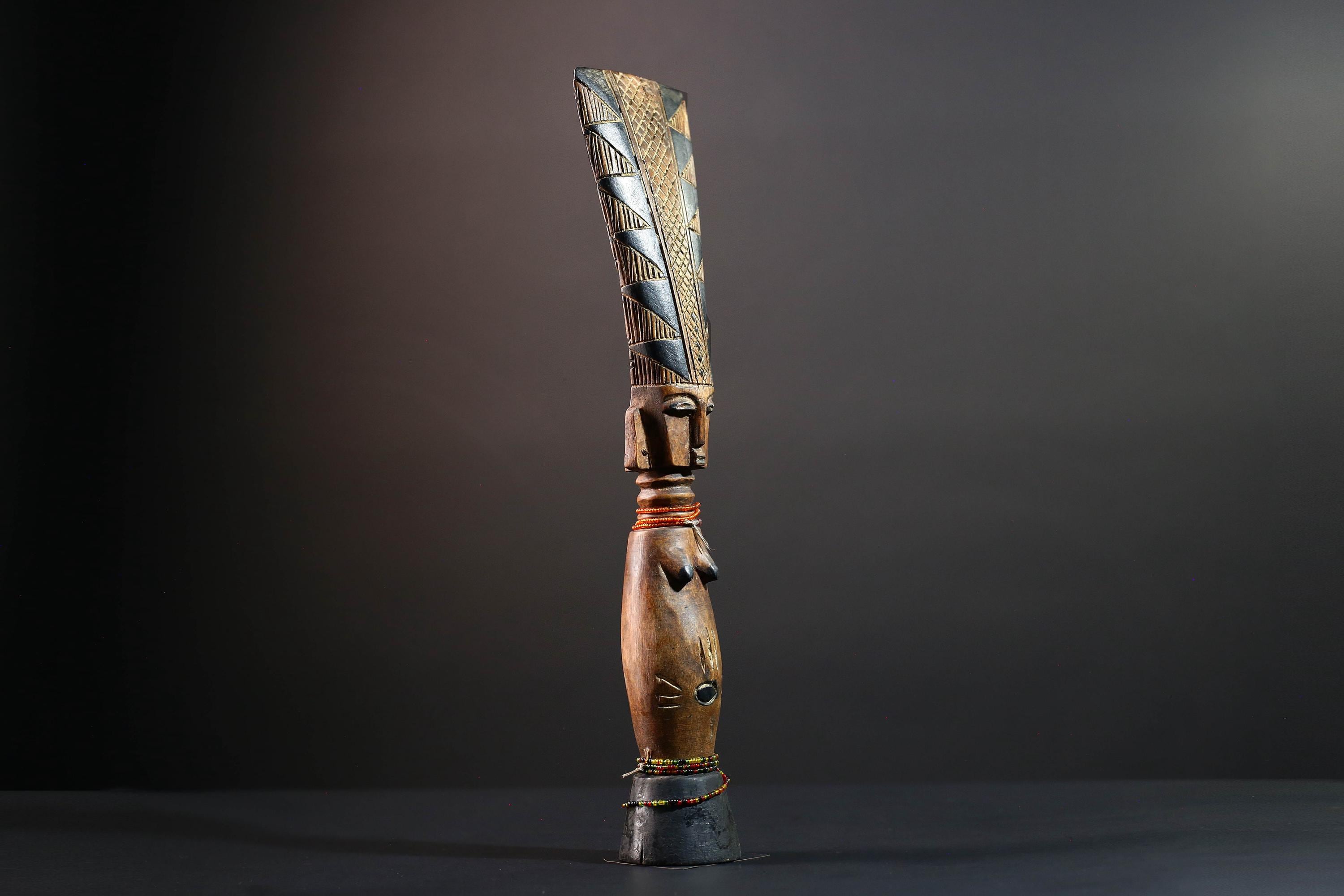 African tribal sculpture hand carved wood figure Baule decor fertility statue cultural home accent tall crest art display-G5510