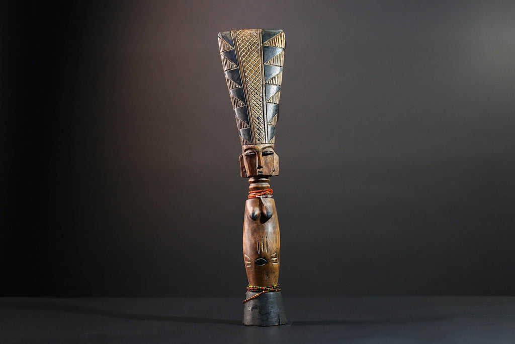 African tribal sculpture hand carved wood figure Baule decor fertility statue cultural home accent tall crest art display-G5510