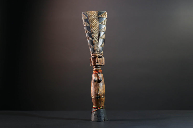 African tribal sculpture hand carved wood figure Baule decor fertility statue cultural home accent tall crest art display-G5510