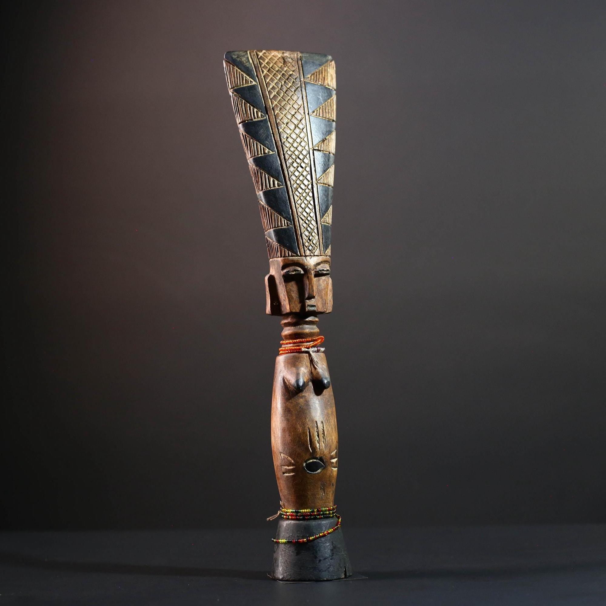 African tribal sculpture hand carved wood figure Baule decor fertility statue cultural home accent tall crest art display-G5510