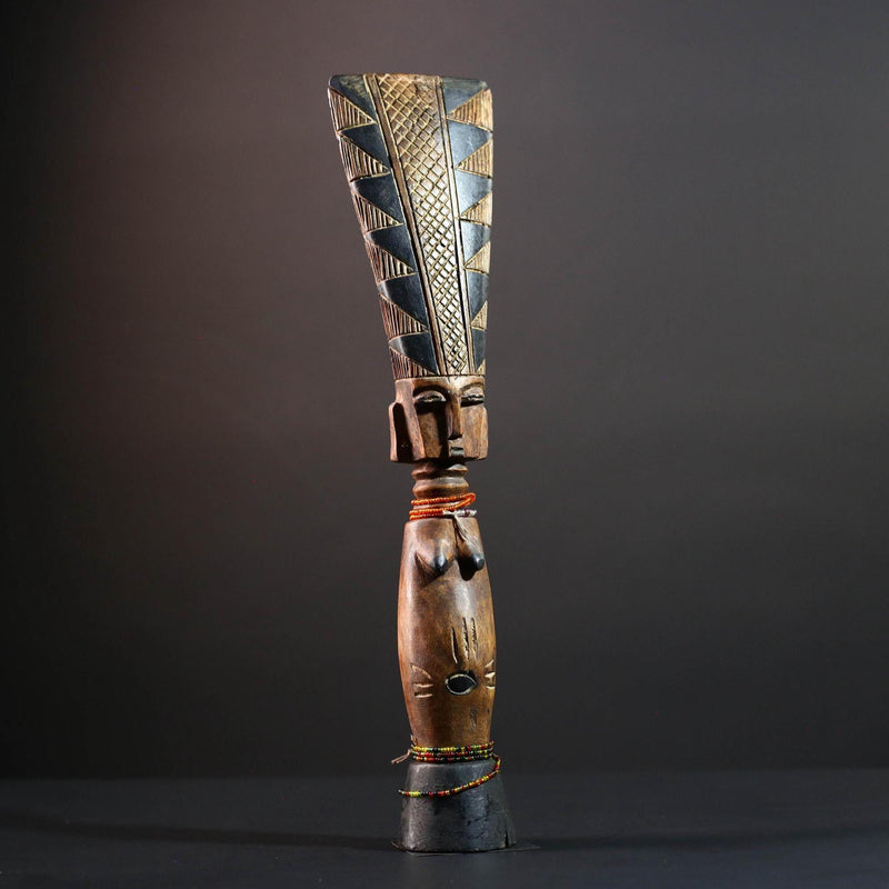 African tribal sculpture hand carved wood figure Baule decor fertility statue cultural home accent tall crest art display-G5510