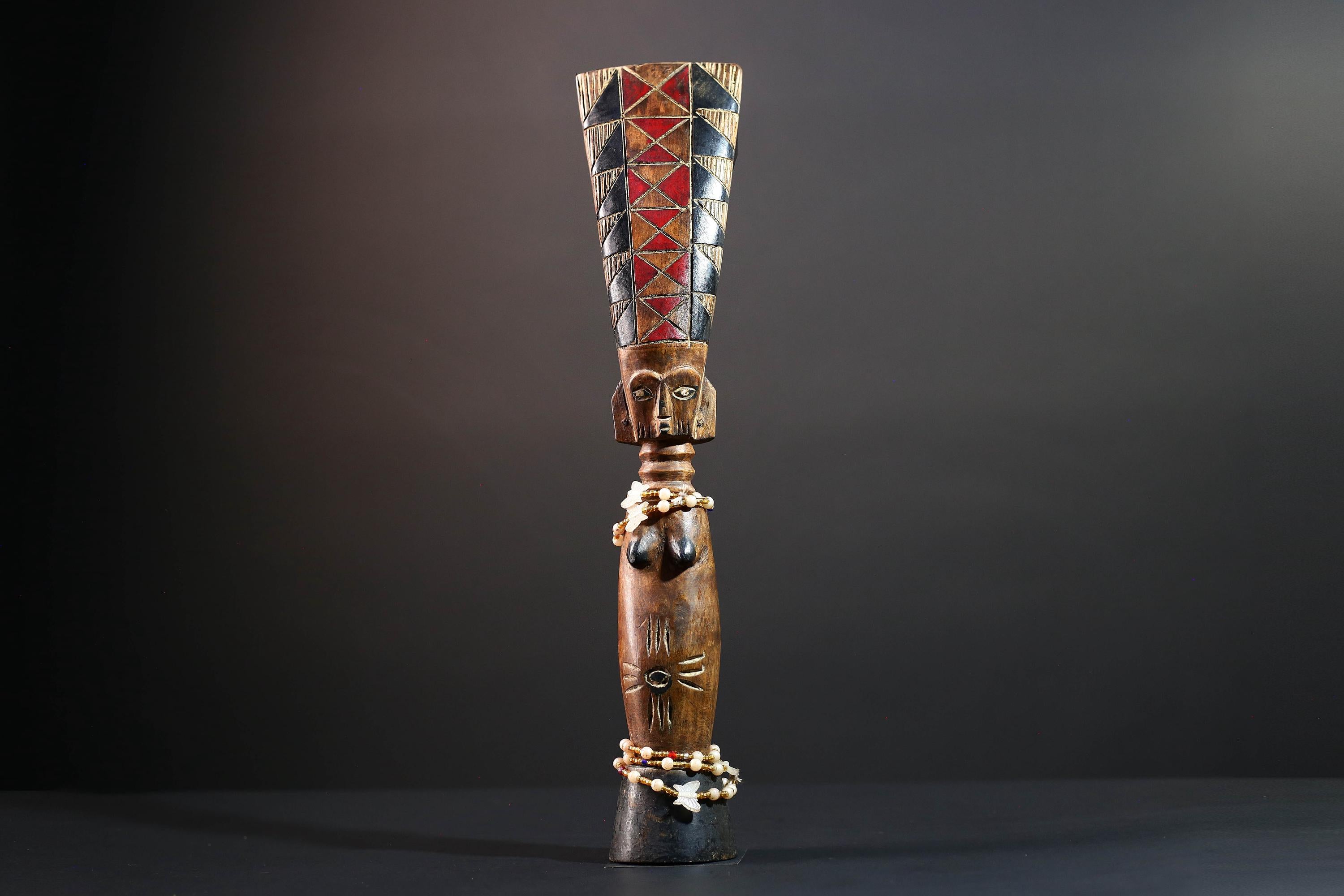 African carved sculpture tribal female wood statue scarified figure natural finish beaded waist crest art fertility ethnic decor-G5509