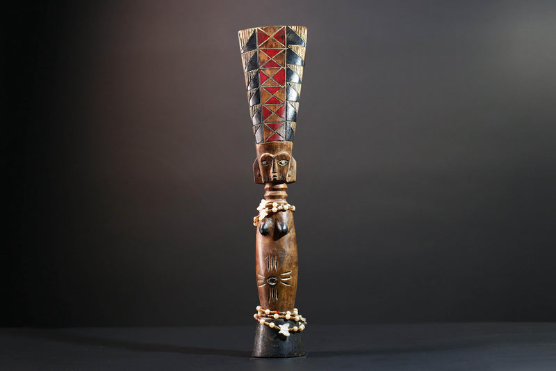African carved sculpture tribal female wood statue scarified figure natural finish beaded waist crest art fertility ethnic decor-G5509