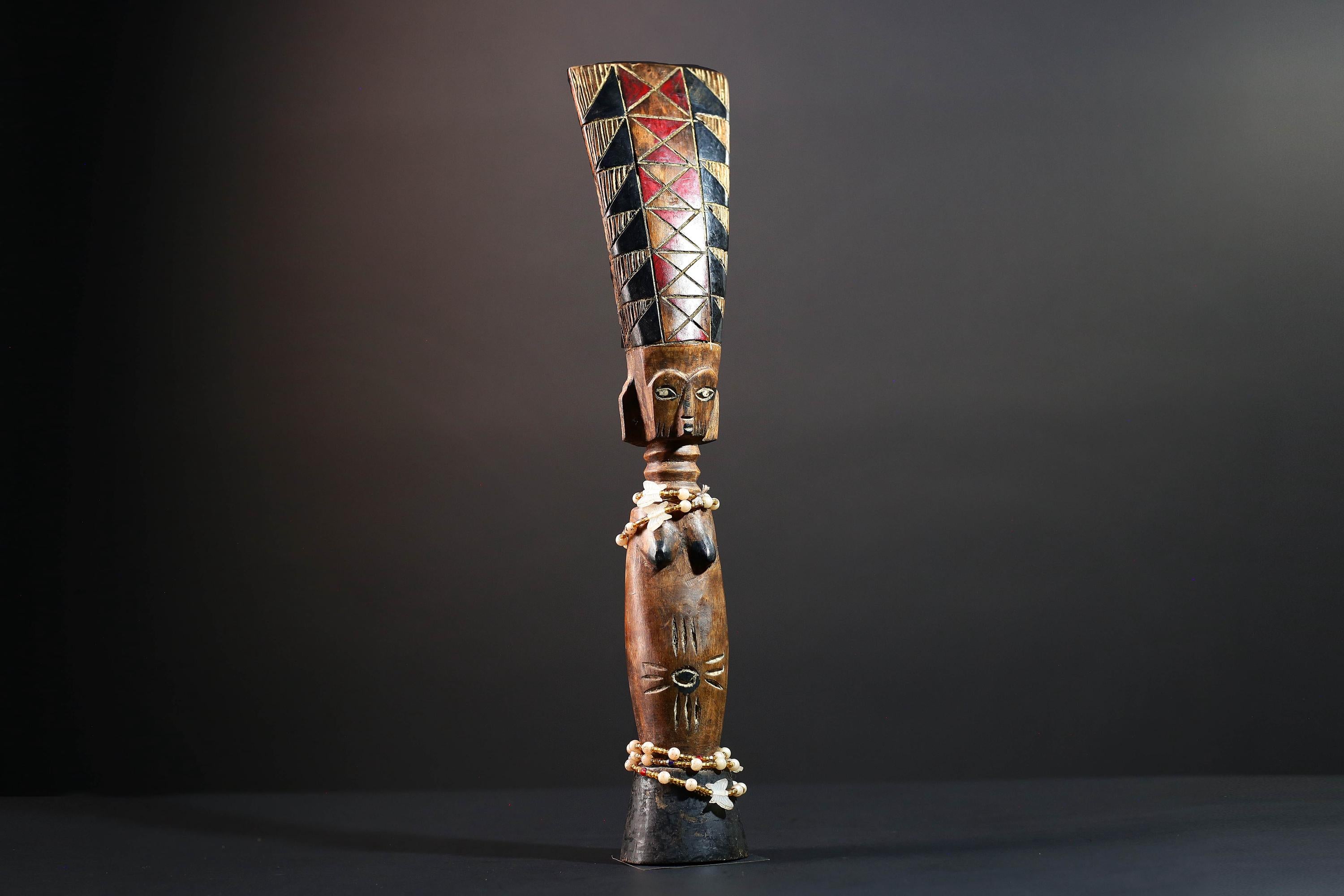 African carved sculpture tribal female wood statue scarified figure natural finish beaded waist crest art fertility ethnic decor-G5509