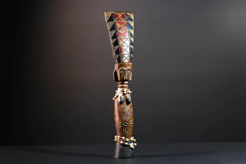 African carved sculpture tribal female wood statue scarified figure natural finish beaded waist crest art fertility ethnic decor-G5509