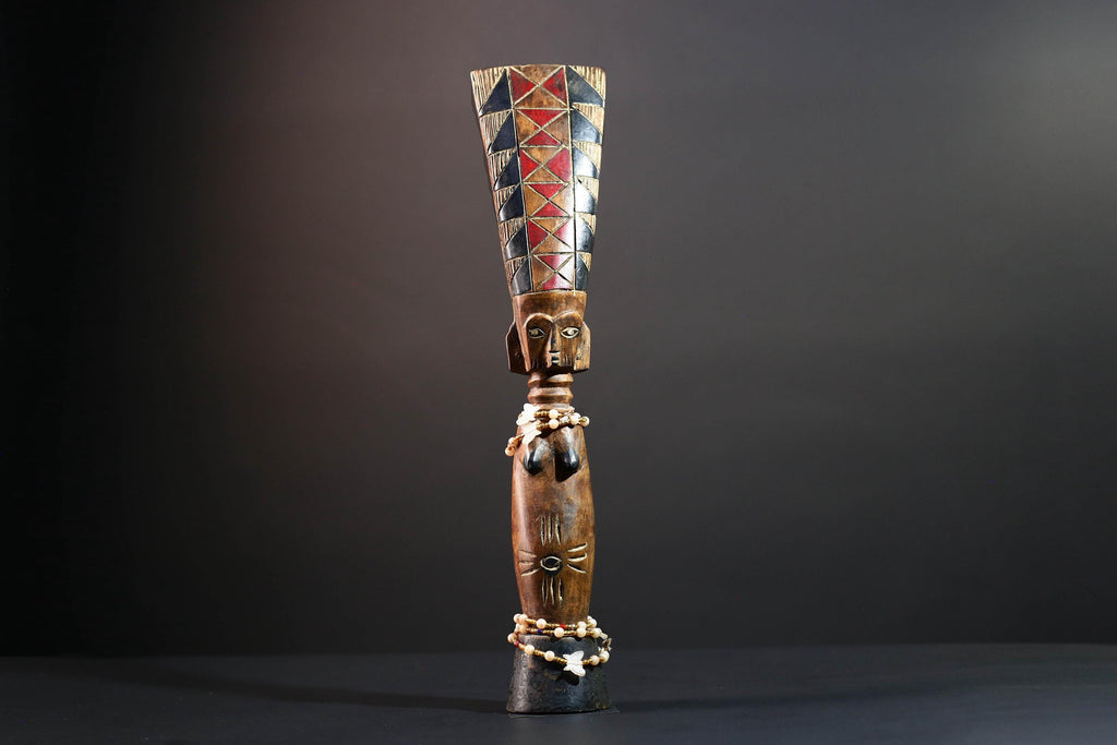 African carved sculpture tribal female wood statue scarified figure natural finish beaded waist crest art fertility ethnic decor-G5509