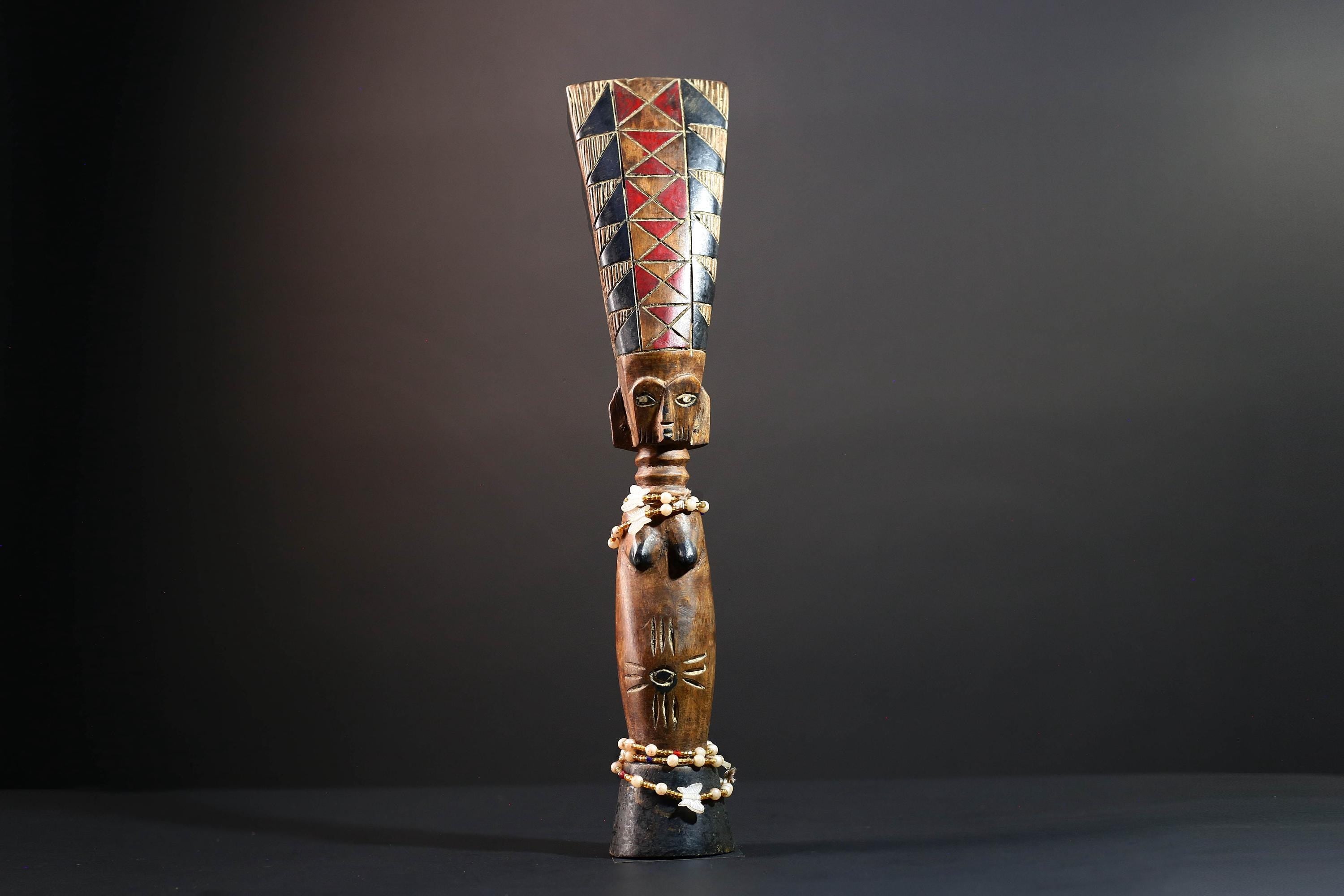 African carved sculpture tribal female wood statue scarified figure natural finish beaded waist crest art fertility ethnic decor-G5509